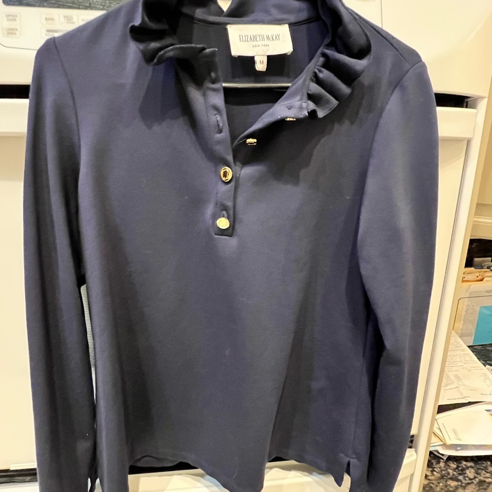 Elizabeth McKay Blue Ruffled Button Down Polo/tunic - Picture 2 of 3